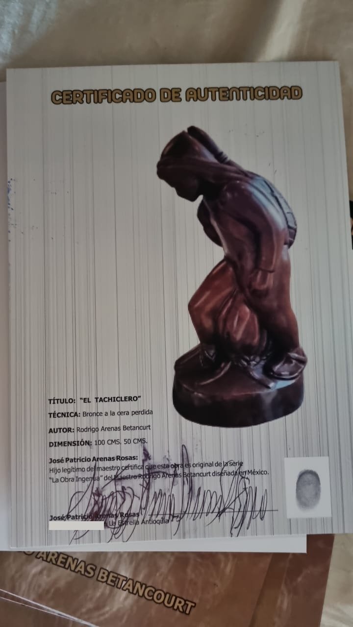Certificado de autenticidad de El Tachiclero, bronce a la cera perdida de Rodrigo Arenas Betancourt. Fotografía del certificado completo.