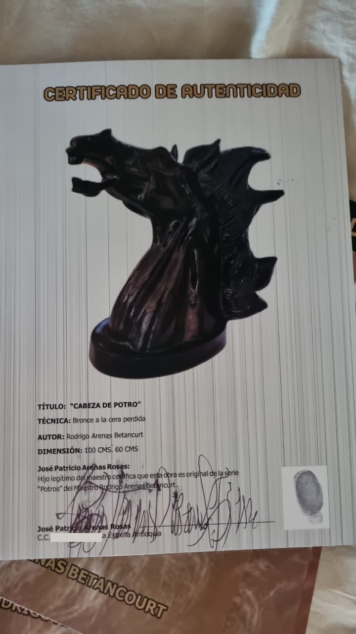 Certificado de autenticidad de Cabeza de Potro, bronce a la cera perdida de Rodrigo Arenas Betancourt. Fotografía del certificado completo.